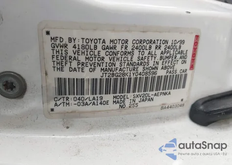 2000 Toyota Camry Le из США, поврежденный, VIN JT2BG28K1Y0408596